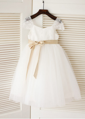 Cap Sleeves Ivory Lace Tulle Flower Girl Dress